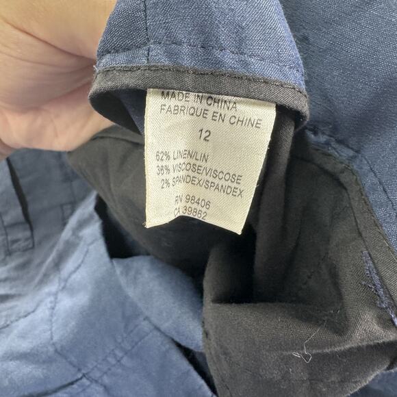 Theory Pants Womens 12 Navy Blue Linen Blend Wide Leg Stretch Dress Trousers - Picture 5 of 8